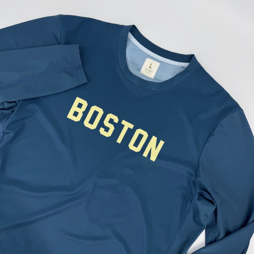 Tracksmith Boston Men Blue Long Sleeve Running Mesh Shirt Size L Graphic Hare